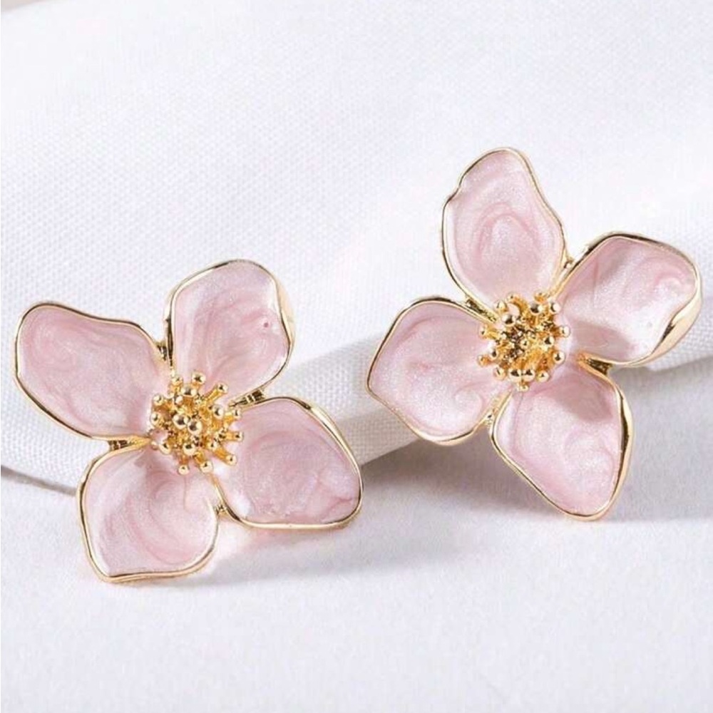 Hand Painted Light Pink and Gold Flower Earrings